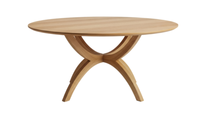Round wooden dining table PNG isolated on transparent background, modern furniture for kitchen and living room interior design