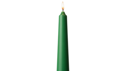 Burning green taper candle isolated PNG on transparent background, festive decoration for holidays and special occasions