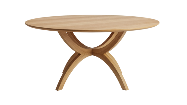 Round wooden dining table PNG isolated on transparent background, modern furniture for kitchen and living room interior design