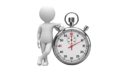 3D stick figure leaning on a stopwatch isolated PNG, time management concept for deadlines and productivity on transparent background