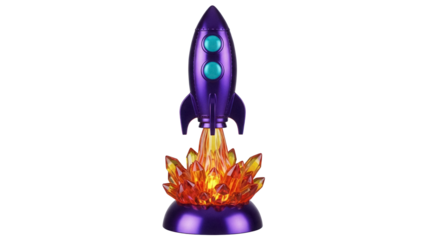 Purple toy rocket with orange crystal flame isolated PNG, retro space ship for kids and collectors on transparent background