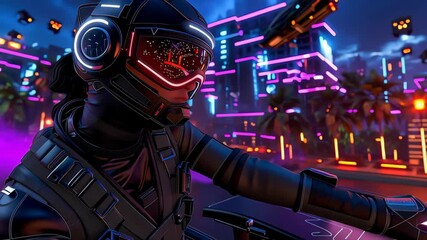 Futuristic cyberpunk city glowing with neon lights and digital technology, helmet and suit enhancing immersive gaming experience vibrant night cityscape full of dynamic action and intense atmosphere - Powered by Adobe
