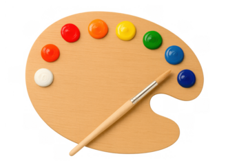 Artist's wood palette offering vibrant paint colors and a paintbrush for creative art hobby activities