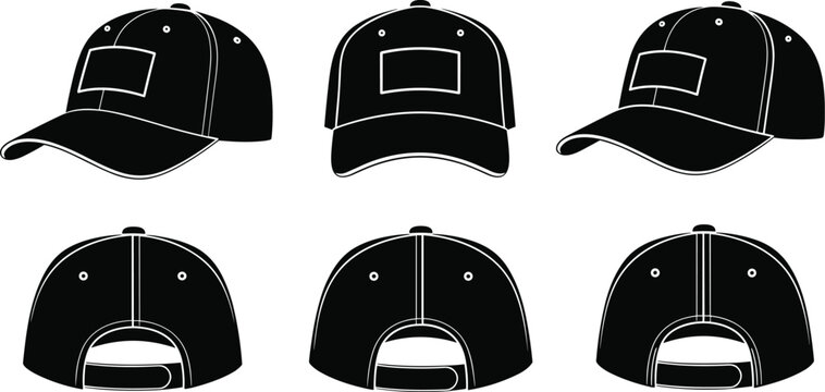 Sleek black baseball cap templates for apparel design and branding mockups, perfect for sportswear, casual wear, and promotional materials with a modern edge