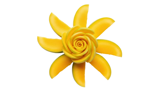 Artistically arranged mango slices forming a flower, isolated PNG on transparent background, creative fruit presentation for culinary design