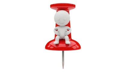 Red push pin with a cartoon character sitting on it isolated PNG, office supply for bulletin board and notice board