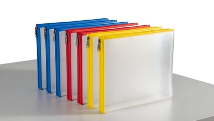 Colorful translucent document pouches with zippered closures sit on a light gray surface