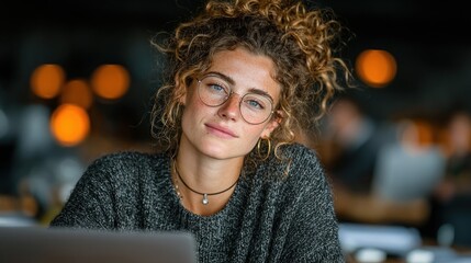 Portrait of a young woman with curly hair, glasses, and a laptop, indoors, smiling at the viewer