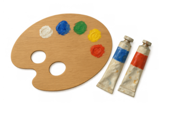 Wooden artist palette with various paint colors and two tubes of oil paints, symbolizing creativity and artistic expression