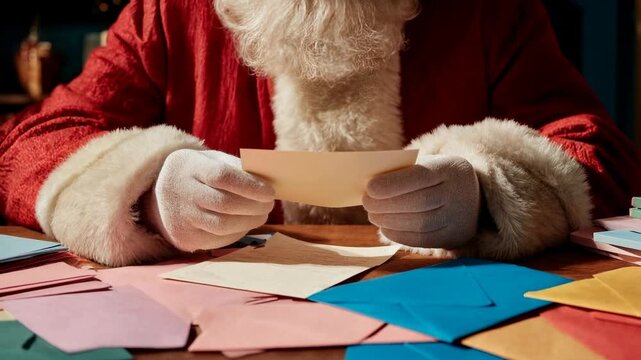Closeup of classic Santa hands opening handwritten letter over scattered envelopes symbolizing personal connection joy and magic of Christmas correspondence