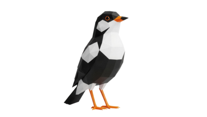 Low poly bird PNG isolated on transparent background, geometric animal with black and white plumage for modern design projects