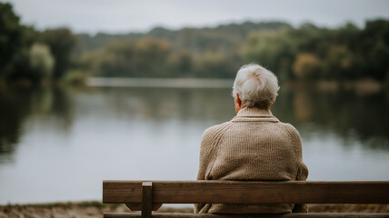 Elderly man with white hair sits on wooden bench, gazing at tranquil lake surrounded by lush trees, evoking sense of peace and reflection