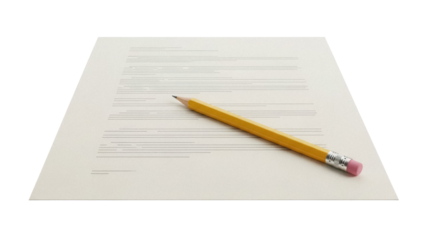 Yellow pencil on lined paper isolated PNG, writing instrument for drafting and note-taking, office supply on transparent background