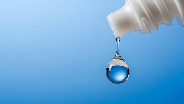 Close-up of eye drop bottle dispensing a single, clear droplet.