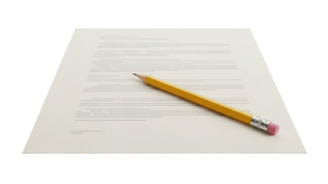 Yellow pencil on lined paper isolated PNG, writing instrument for drafting and note-taking, office supply on transparent background