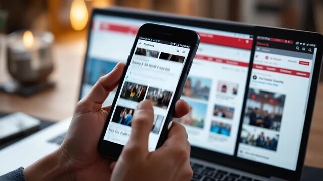 Person's hands scrolling a smartphone screen, browsing online content and social media with a laptop open in the background, illustrating digital c...