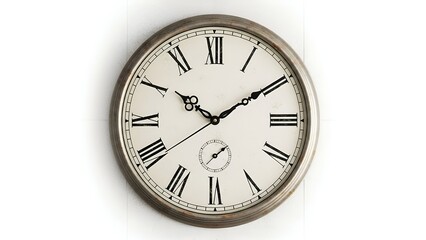 Close-up of a vintage clock with Roman numerals against a white backdrop