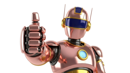 Shiny copper robot giving thumbs up isolated PNG, futuristic android with metallic finish on transparent background, artificial intelligence
