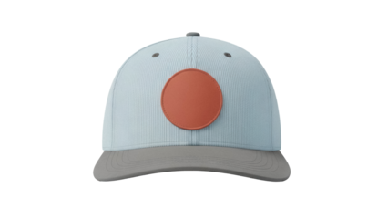 Light blue baseball cap with orange patch isolated PNG, stylish headwear for sports and casual fashion on transparent background