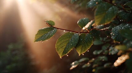 Golden sunbeams illuminate dew kissed green leaves on a misty morning in nature
