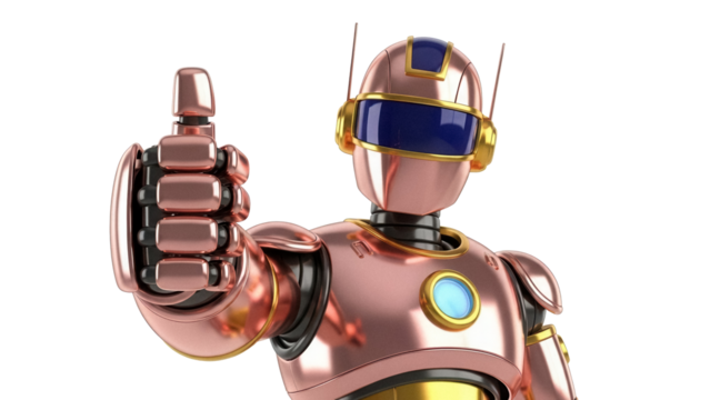 Shiny copper robot giving thumbs up isolated PNG, futuristic android with metallic finish on transparent background, artificial intelligence