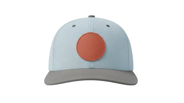 Light blue baseball cap with orange patch isolated PNG, stylish headwear for sports and casual fashion on transparent background