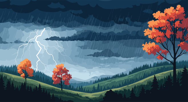 A powerful thunderstorm with dramatic lightning rolls over a lush green landscape with vibrant orange autumn trees in the foreground.