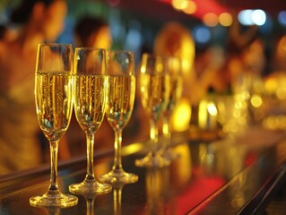 Warm light banquet champagne flutes arrangement blurred crowd background romantic gathering close-up

