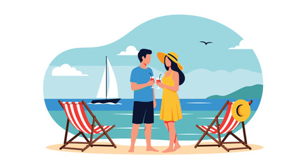 Fototapeta premium A young romantic couple enjoys drinks on a tropical beach with lounge chairs a sailboat and the ocean in the background for summer.