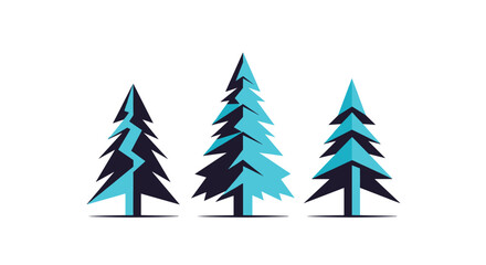 Fototapeta premium Three stylized pine trees are depicted in a modern geometric style using shades of blue and black against a clean white background.