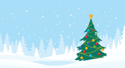Obraz premium A festive Christmas tree decorated with colorful ornaments and a star stands in a snowy winter forest landscape as snow gently falls.