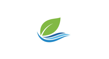 A simple and clean logo design features a single green leaf elegantly resting on top of two stylized blue water waves on white.