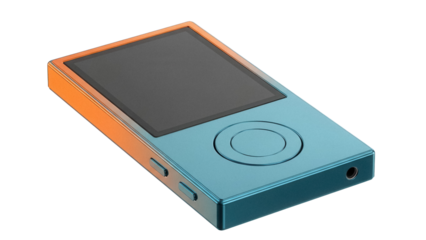 Blue and orange MP3 player isolated PNG, portable music device with click wheel on transparent background, digital audio player