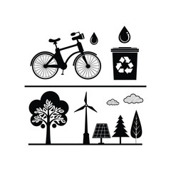 Environmental conservation and green energy sustainability icons set.