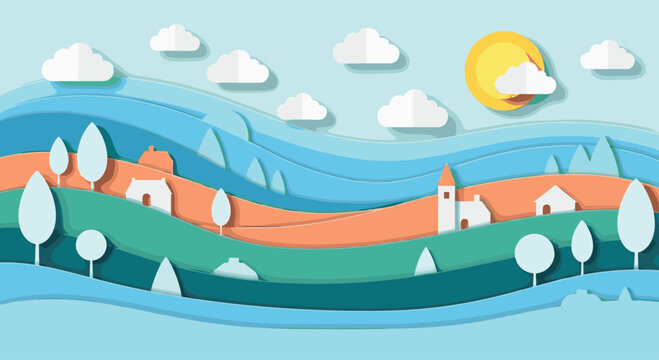 A charming village scene with houses and trees is created in a colorful paper cut style with layered rolling hills and fluffy clouds.