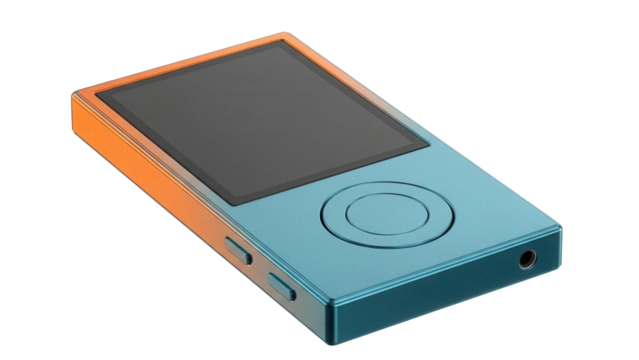 Blue and orange MP3 player isolated PNG, portable music device with click wheel on transparent background, digital audio player