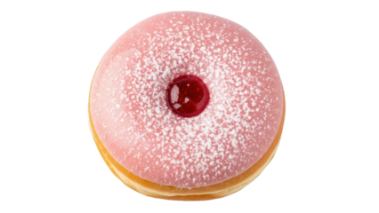 Delicious pink donut with cherry jelly and powdered sugar isolated PNG, sweet dessert for bakery and confectionery concepts