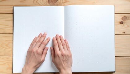 Hands Exploring Braille Text on Open Book, Wooden Background, Tactile Learning.