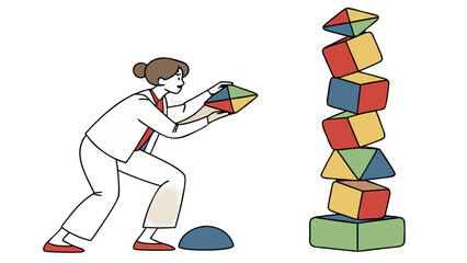 Woman Stacking Geometric Blocks Building Strategy Business Illustration, A vector illustration of a woman carefully adding a geometric block to a tall, teetering tower, symbolizing strategy, balance, 