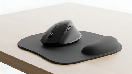 Ergonomic vertical mouse on a black mousepad with wrist rest, sitting on a wooden desk