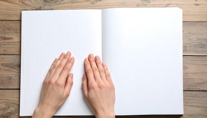 Hands Exploring Braille Book on Wooden Table, Tactile Learning Concept.