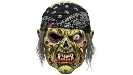 Creepy zombie mask with bandana isolated PNG, scary Halloween costume for horror themed party and haunted house decoration
