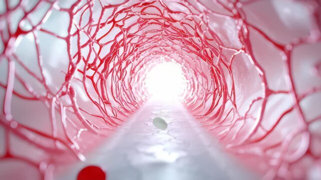 Inside view of blood vessel showing red blood cells flowing through capillary network with bright light illustrating circulatory system vascular structure and dynamic flow of life detailed 3D render