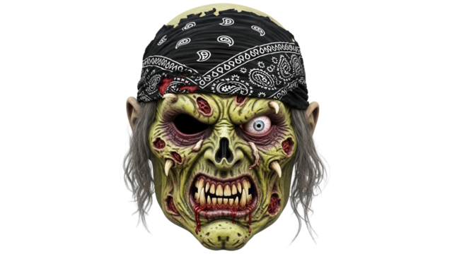 Creepy zombie mask with bandana isolated PNG, scary Halloween costume for horror themed party and haunted house decoration