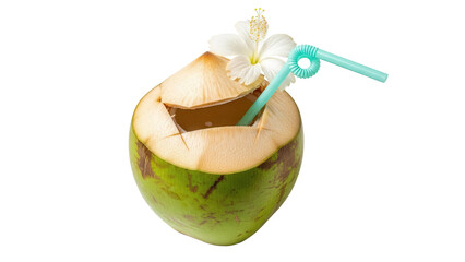 Fresh green coconut with flower and straw isolated PNG, tropical refreshing drink on transparent background for summer vacation vibes