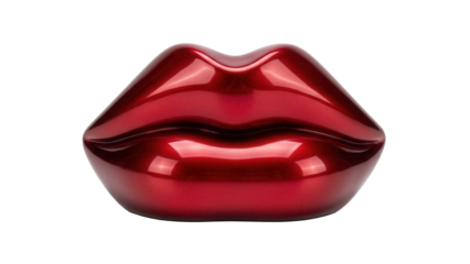 Shiny red lips sculpture isolated PNG on transparent background, glossy mouth art object for modern design and decoration