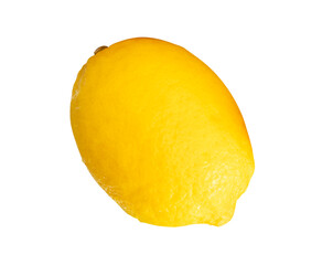Side view of single fresh ripe yellow lemon fruit with water droplets isolated with clipping path in png file format