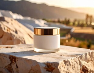 Golden hour radiance captured a serene cosmetic jar, embodying natural beauty concepts and daily skincare essentials amidst a sun-kissed, tranquil outdoor landscape