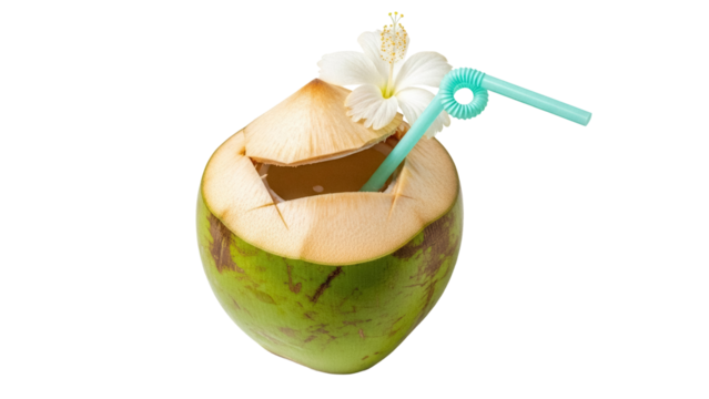 Fresh green coconut with flower and straw isolated PNG, tropical refreshing drink on transparent background for summer vacation vibes - Powered by Adobe