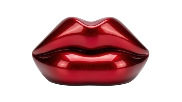 Shiny red lips sculpture isolated PNG on transparent background, glossy mouth art object for modern design and decoration